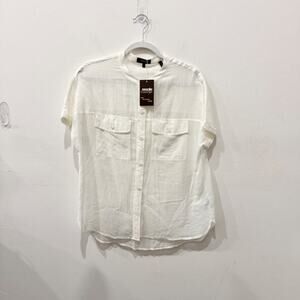 Theory 100% Cotton Short Sleeve Semi Sheer Button-Up Shirt Top White Women's S